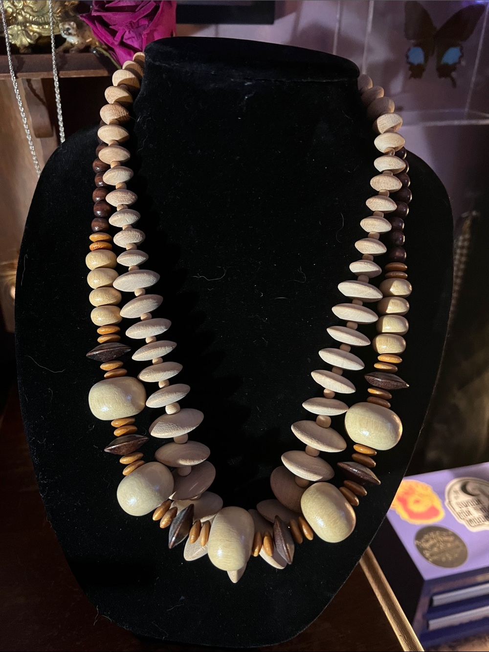 Handmade Neutral Wood Bead 2 Necklaces Vintage